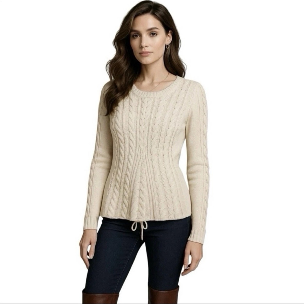 Cabi Cable Knit Flowly Sweater M Lace Up Back Cream Whimsical Equestrian Cottage